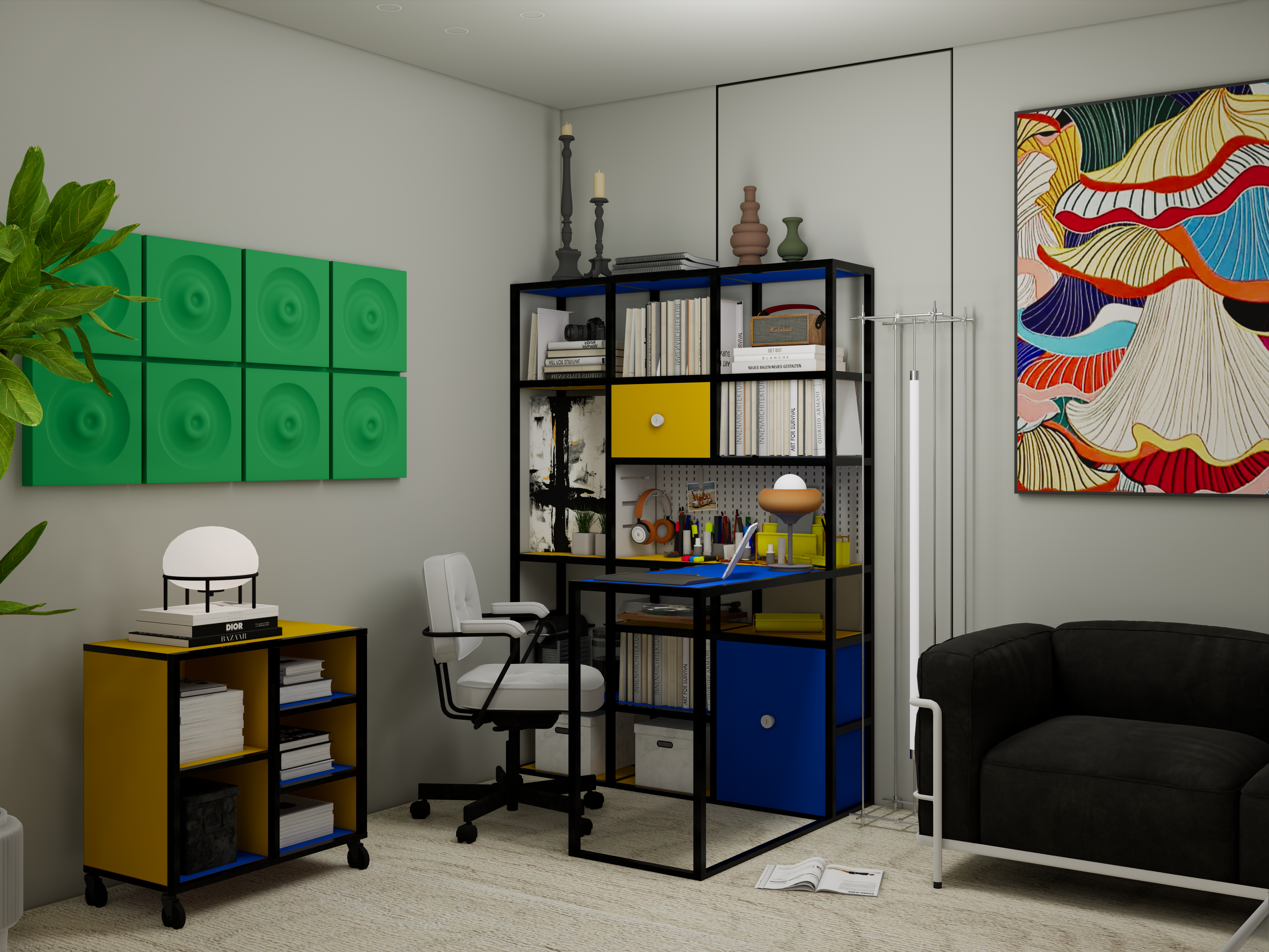 Modular office desk and shelving unit, vibrant color scheme, customizable storage, ergonomic design