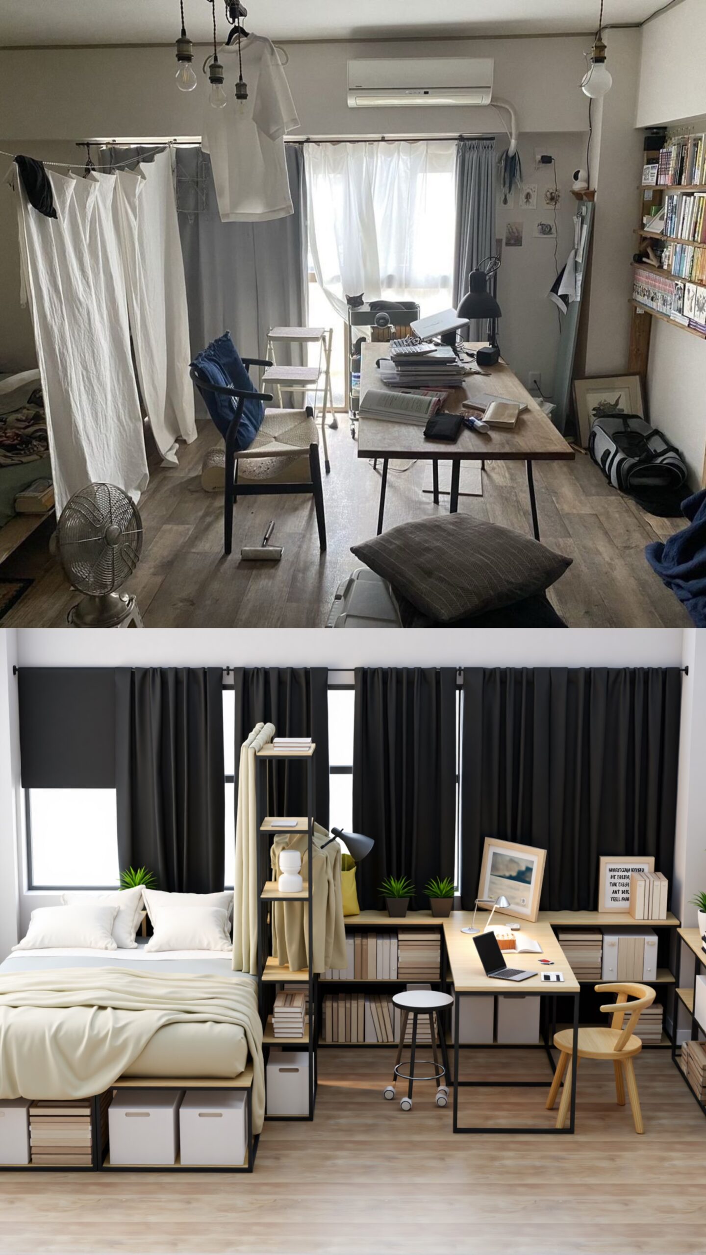 Collaborative workspace with modular desks and shelves, colorful storage solutions, efficient design