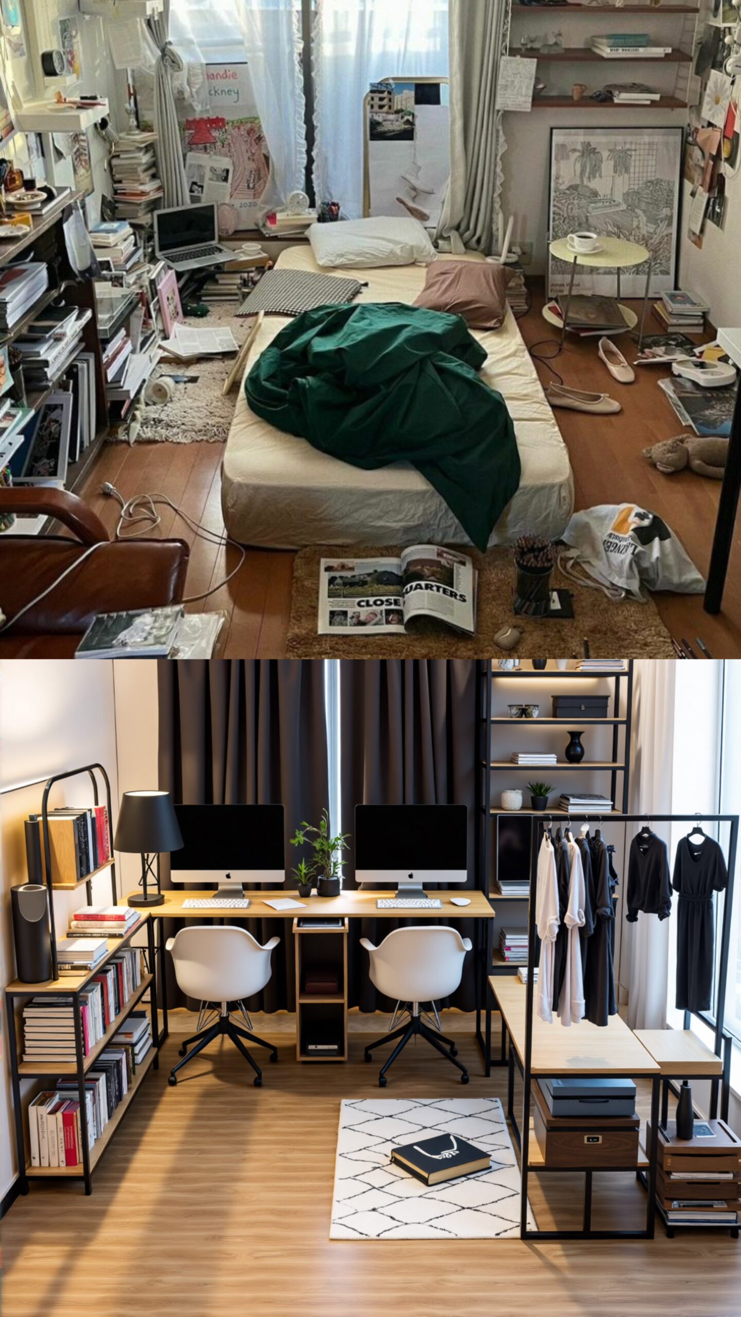 Collaborative workspace with modular desks and shelves, colorful storage solutions, efficient design