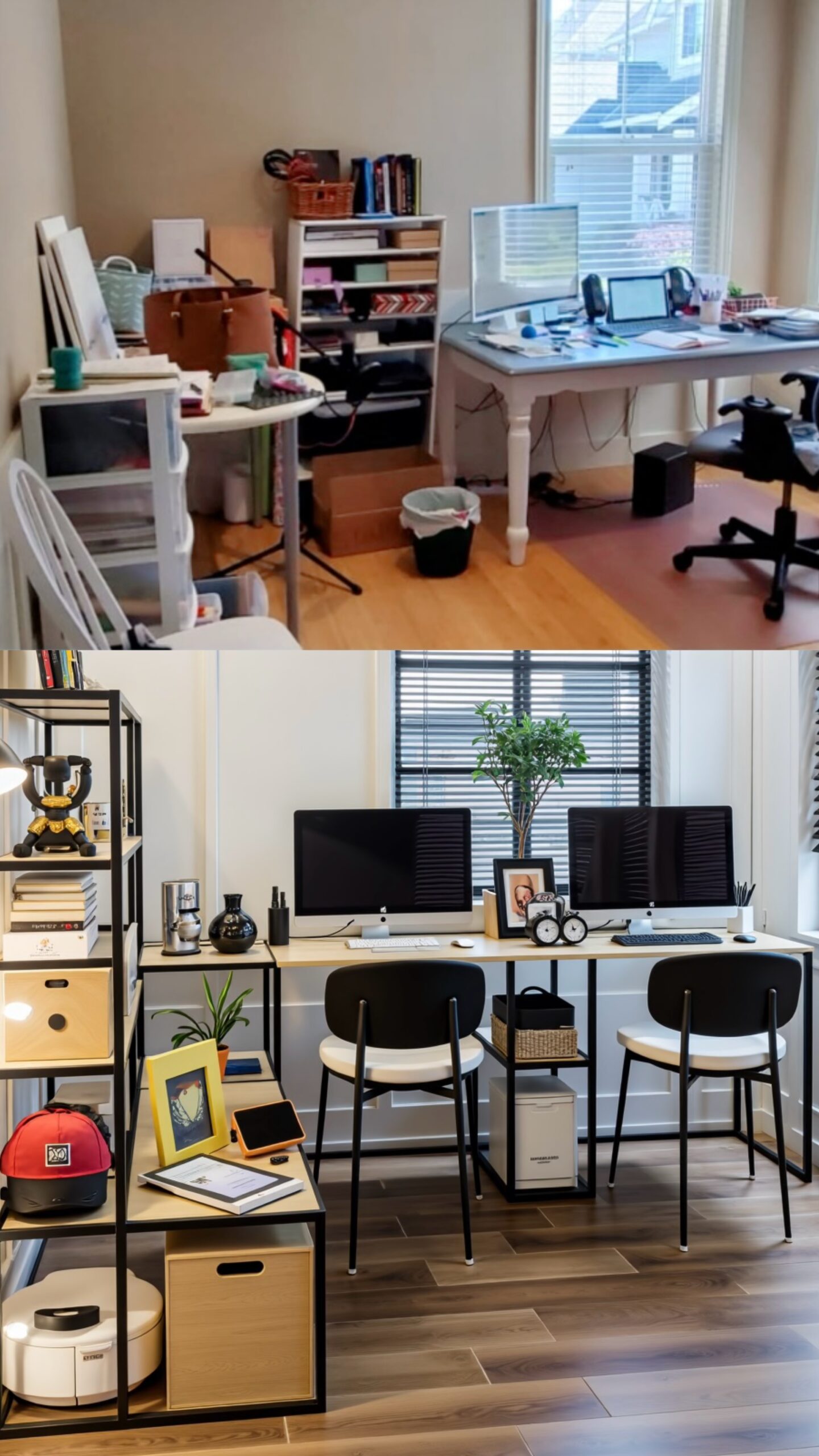 Compact modular home office, clean layout, ergonomic desk, vibrant drawer colors, black frame