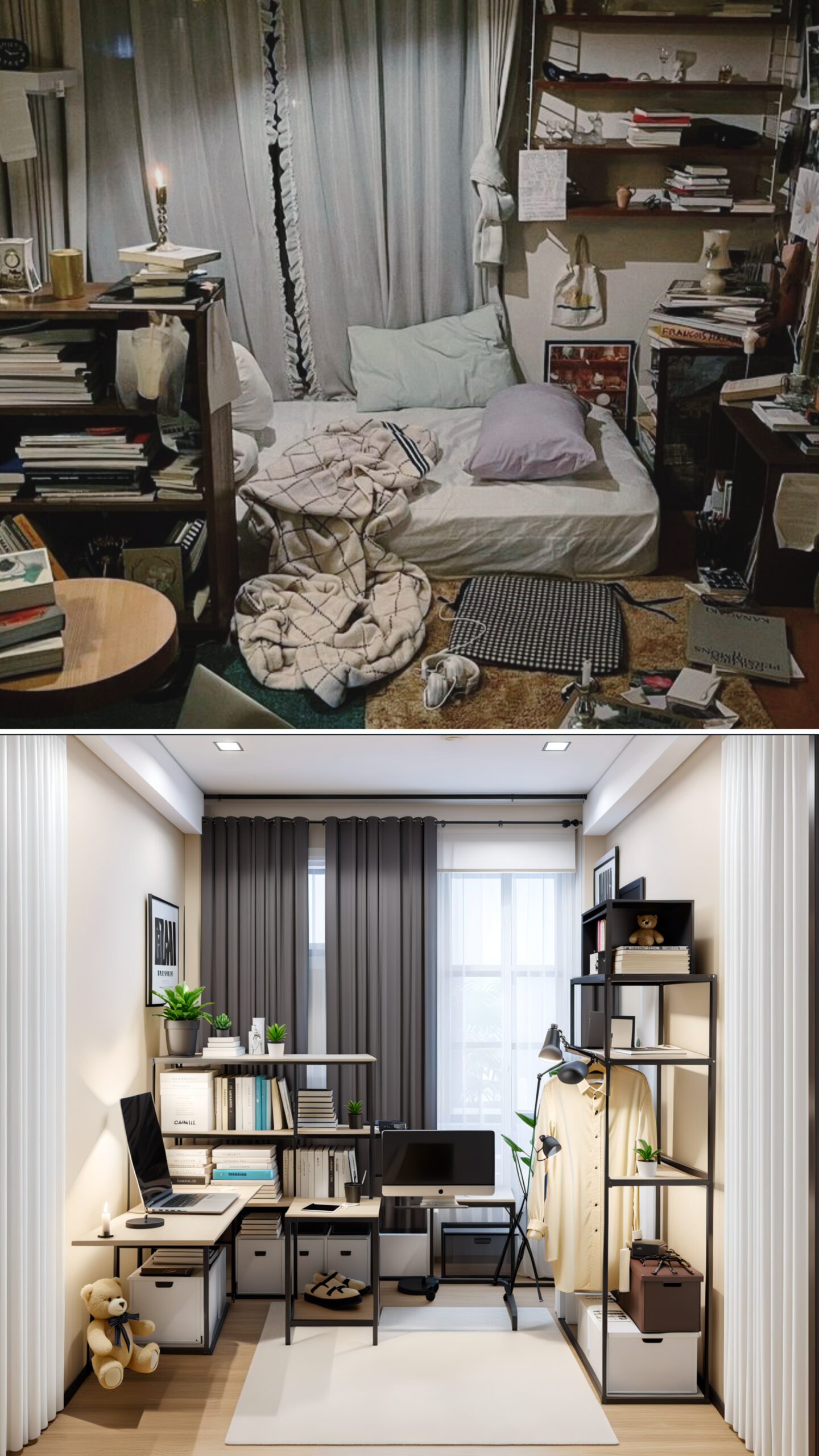 Bright modular desk and shelving system, customizable layout, contemporary design, functional storage