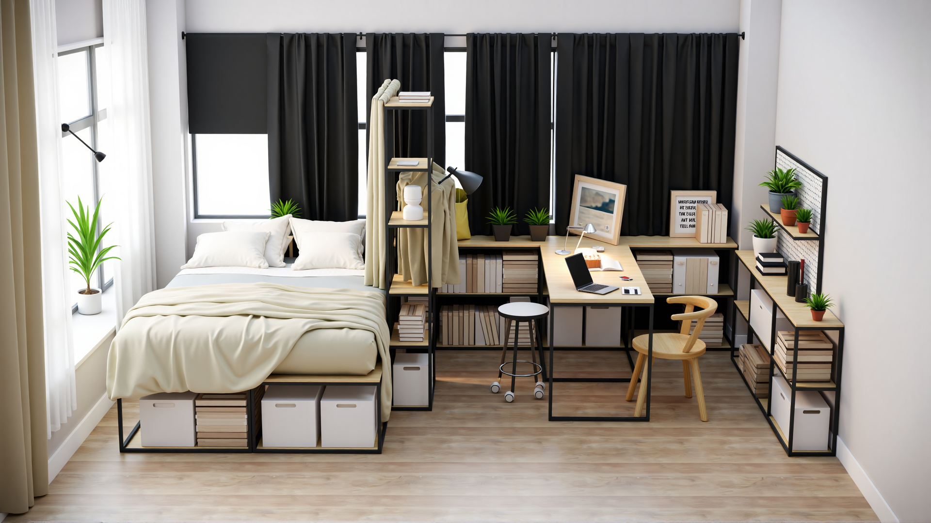 Modern modular workspace, open design, functional shelving, sleek black frame, yellow accents